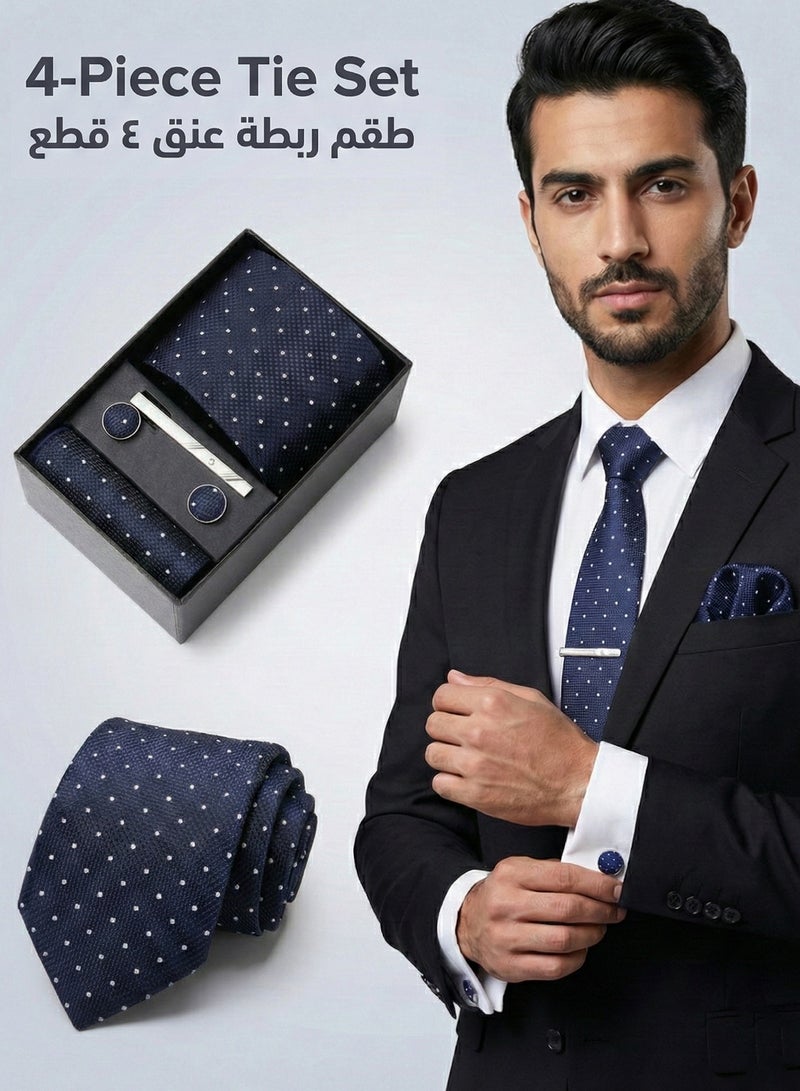 FIORICASA Men's 4-Piece Tie Gift Set - Navy Blue Polka Dot Necktie with Pocket Square, Cufflinks, and Tie Clip - Elegant Formal Business & Wedding Accessories Box - Image 1